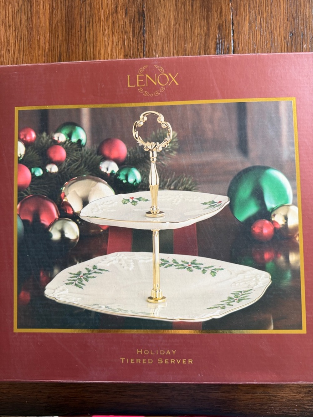 Lenox White & Gold Holiday Two-Tier Server with Holly Motif